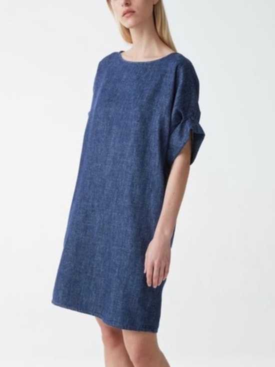 COS Dresses & Skirts - COS Blue Hemp Denim Organic Cotton Shift Dress Cuffed Sleeves Back Zipper- 4